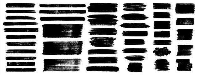 Brush hand drawn vector strokes, paint stains, artistic textured backgrounds, text frames. Big set, collection. Grungy rectangles, freehand wide stripes, lines, uneven shapes, rough edges and texture.