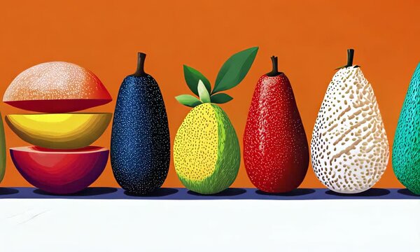 Vibrant fruit illustration with bold colors and abstract shapes