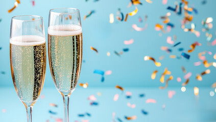 Two glasses of champagne with confetti. Concept of celebration, party, and new year.