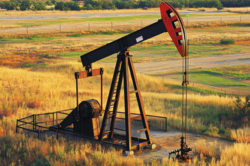 Fototapeta premium vintage Texas oil derrick silhouetted against sunset sky, rugged terrain