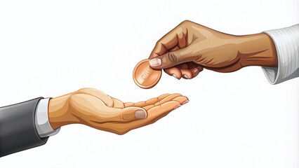 Donation Concept: Hand Giving Coin to Another Hand with Copy Space for Payout and Charity Related Illustrations