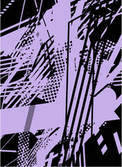 Abstract geometric pattern with black lines and shapes on a purple background.