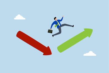 recover from crisis, A businessman investor is leaping from a red arrow to a soaring upwards arrow.