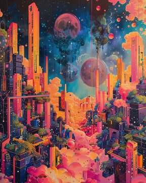 Capture the essence of parallel universes colliding in a high-angle view Show the interaction between inhabitants with a sense of wonder and discovery