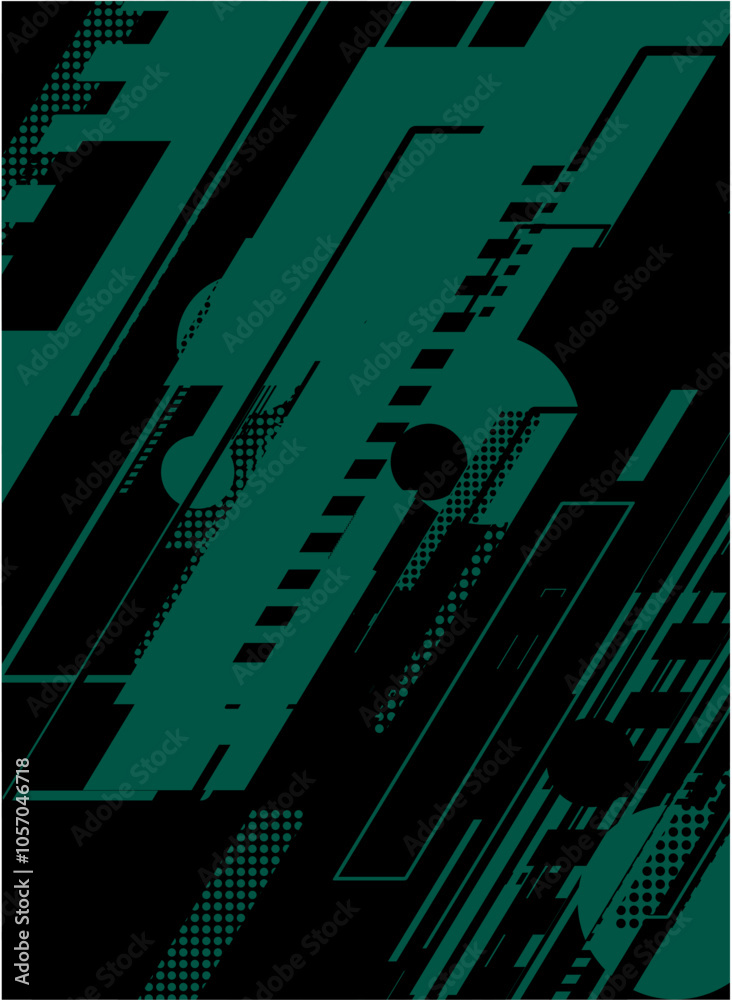 Poster abstract green and black digital geometric pattern with dots and stripes.