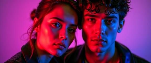 Obraz premium A captivating portrait of two individuals bathed in vibrant neon lighting, creating a moody and artistic ambiance. The contrasting colors evoke a sense of mystery and modern style.