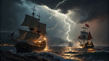 Dramatic Night Battle of Pirate Ships in a Stormy Sea - Adventure and Chaos