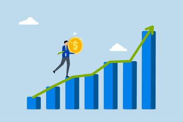 Investment graph, The businessman with confidence holds a large dollar coin while ascending a growing financial chart. 