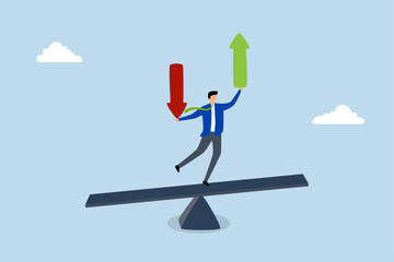 Loss and gain on investment, Businessman investor balancing on a seesaw while holding arrows indicating loss and gain. 