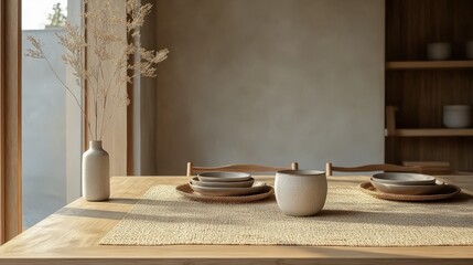 A serene dining table setting featuring rustic dishes, natural decor, and soft lighting, creating a warm, inviting atmosphere.
