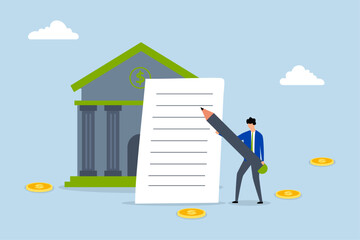 Obraz premium Obligation, Businessman putting his signature on a required banking paperwork. 