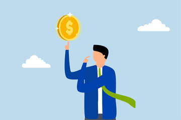 Money thinking, businessman gazes at a spinning coin, contemplating potential profits. 
