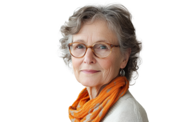 Portrait of a smiling older woman with glasses and an orange scarf on a white isolate background.