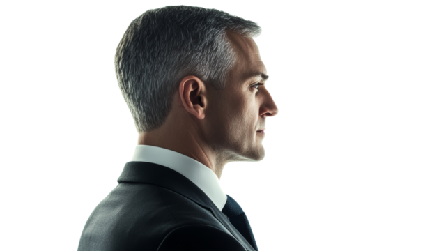 Profile portrait of a middle-aged man in a suit, depicting professionalism and confidence against a white isolated background. - Powered by Adobe