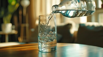 Purified drink water on table in living room. Mineral rich.