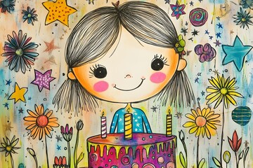 A girl with long dark hair smiling and holding a birthday cake with candles