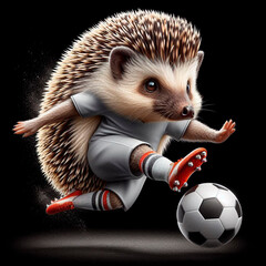 Hedgehog football player kicks the ball on a black background
