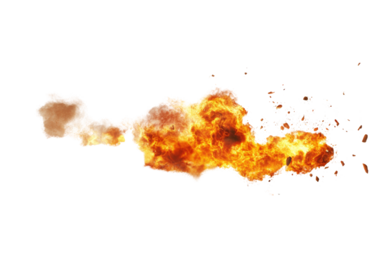 Realistic explosion effect with flames and smoke on a white isolated background.