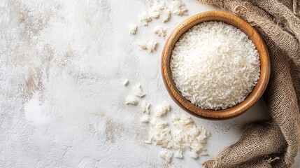 A bowl of uncooked rice surrounded by scattered grains.