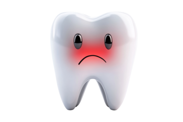 Sad cartoon tooth character with a red blush, representing dental discomfort. Isolated on a white background.