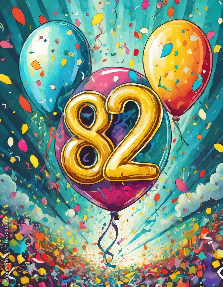 Wall mural birthday / anniversary balloon, number 82, colorful illustration with confetti and festive decoratio