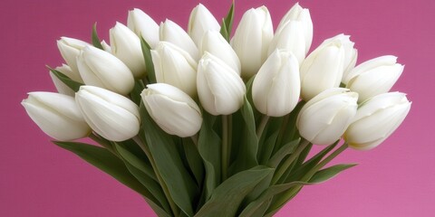 White Tulip Bouquet on Pink Background  Spring Flower Arrangement  Romantic Decoration