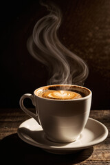 Fototapeta premium ceramic cup of hot coffee on dark background, banner, place for text
