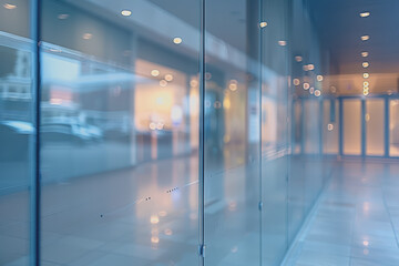 The office space of a glass wall business center with shiny space and a blurred abstract background.