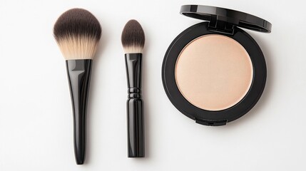 Artistic flat lay of a dark brown contour makeup brush and open compact on a white background, showcasing beauty tools for flawless application