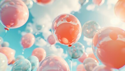 Colorful Transparent Balloons Floating in a Sky with White Clouds