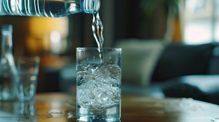 Purified drink water on table in living room. Mineral rich.