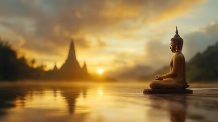 Obraz premium serene scene of Golden Buddha statue by water at sunset, reflecting tranquility and peace. warm colors of sky enhance spiritual atmosphere