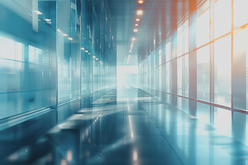 The office space of a glass wall business center with shiny space and a blurred abstract background.