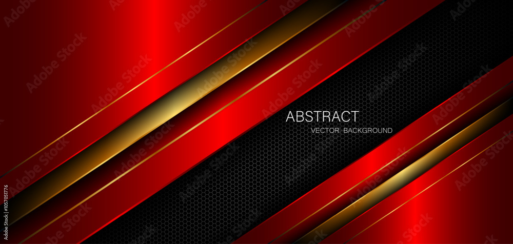 Poster Abstract red and gold polygon with golden lines on dark steel mesh background with empty space for design. modern technology innovation concept background	