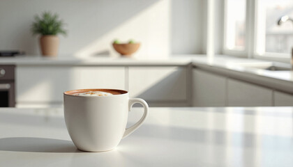 Obraz premium Cup of hot chocolate with whipped cream on kitchen countertop in bright natural light 