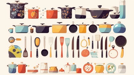 Illustration of essential kitchen equipment for cooking, beautifully arranged, bright colors, cute style, designed for use in design, advertising and presentation.