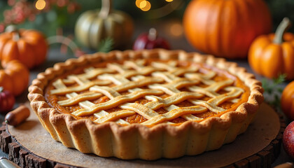 Crispy pumpkin pie with lattice crust surrounded by autumn pumpkins and festive decorations
