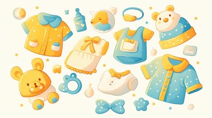 Baby-related illustrations, clip art, beautifully arranged, bright colors, cute style, designed for use in design, advertising and presentation.