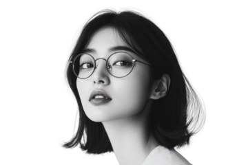 Stylish young woman with glasses, facing sideways, modern hairstyle, black and white portrait, artistic expression.