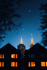 Stunning Nighttime Skyline with Illuminated Towers Against a Starry Background