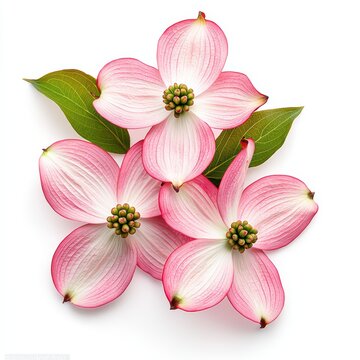 Beautiful dogwood flowers in pink shades with green leaves on a white isolated background.