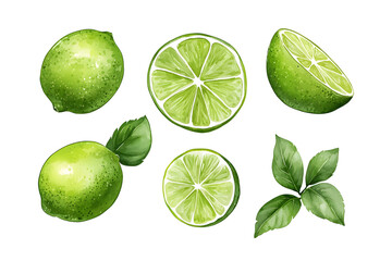 Green Lime hand drawn collection, tropical summer fruit, isolated on white background