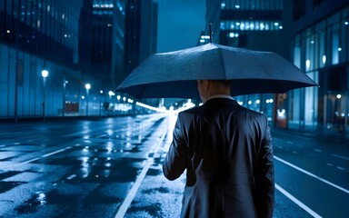 Man with umbrella walking on empty city street at night. Rainy urban scene