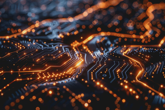Futuristic circuit board layout Delicate crypto mining symbols Abstract digital landscape.