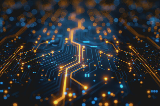 Futuristic circuit board layout Delicate crypto mining symbols Abstract digital landscape.