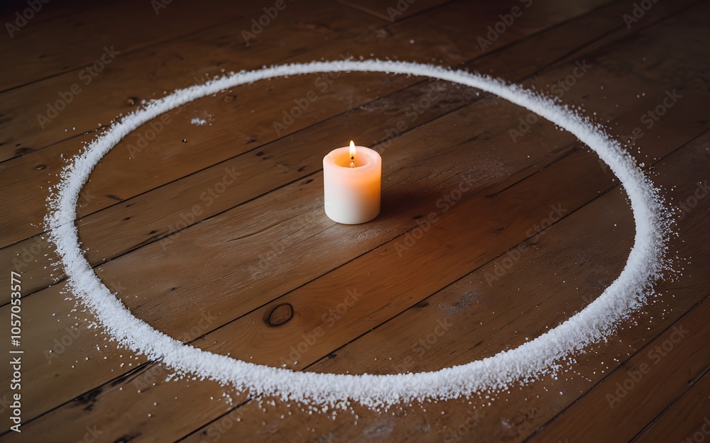 Wall mural Lit candle in salt circle on wooden floor. Protection magic ritual