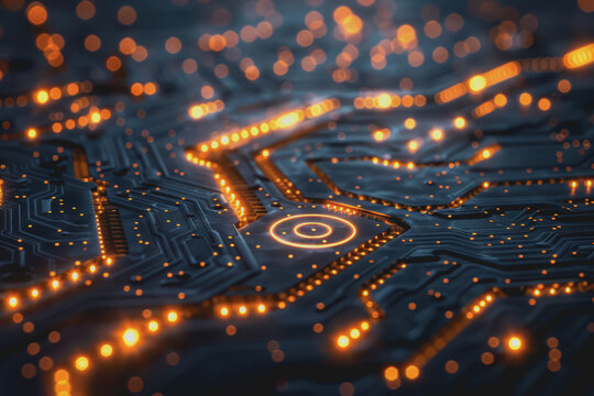 Futuristic circuit board layout Delicate crypto mining symbols Abstract digital landscape.