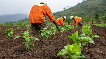 Fototapeta premium Workers in orange uniforms are planting seedlings in a fertile field, showcasing agricultural efforts in a lush mountainous area.