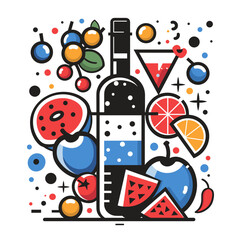 Bottle of wine with fruits and berries, flat vector illustration.
