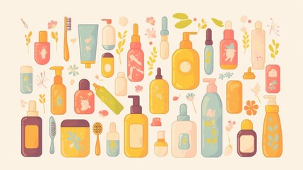 Illustrations about skincare and makeup cosmetics, bright colors, cute style, designed for design, advertising, and presentation.